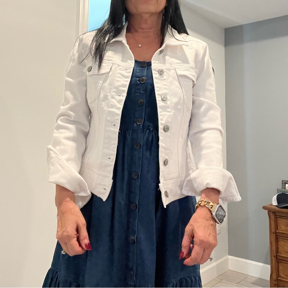 Celebrity pink white distressed denim jacket